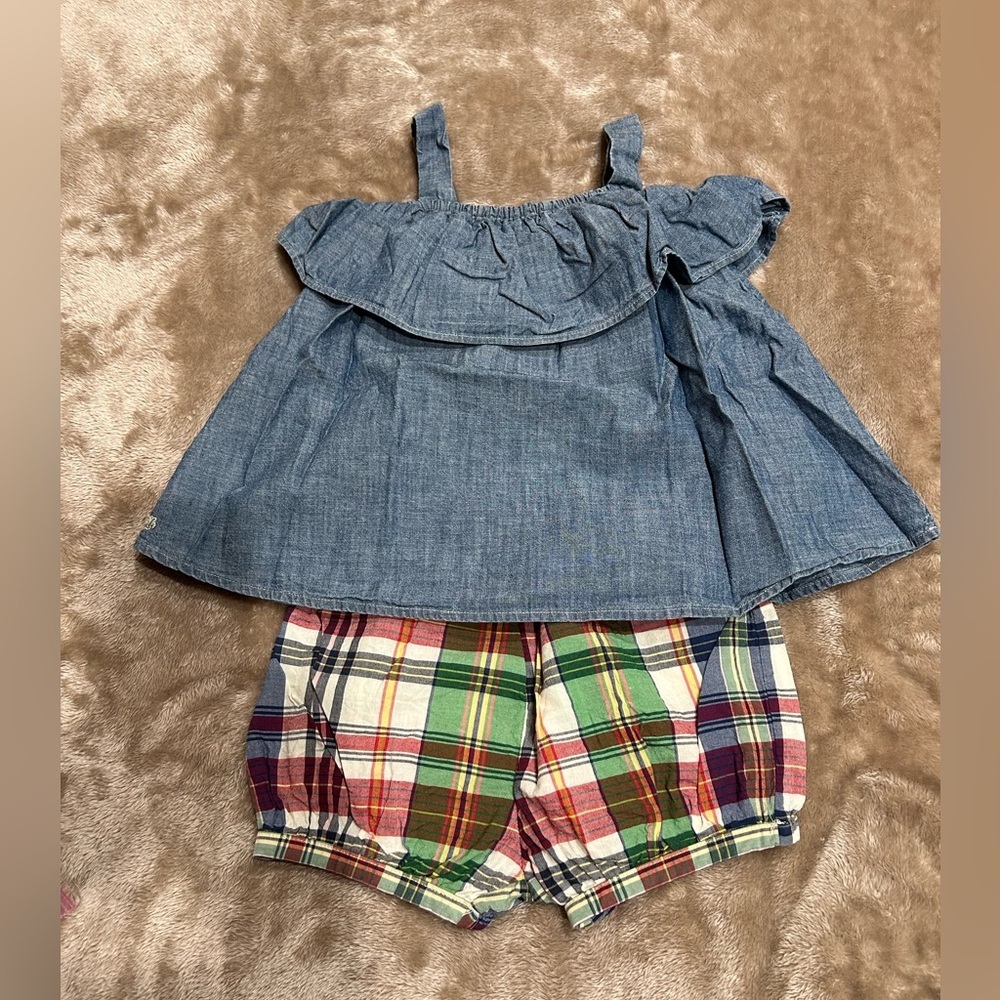 Ralph‎ Lauren Denim Top and Plaid Shorts Set